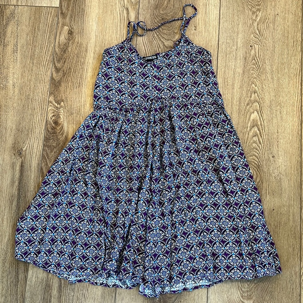 Express babydoll mini dress purple blue pattern adjustable straps size xsm